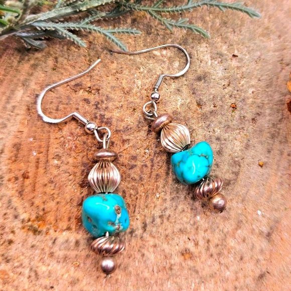 Beautiful Nature Turquoise Raw Stone Sterling S925 Dangle Earring - Picture 6 of 10